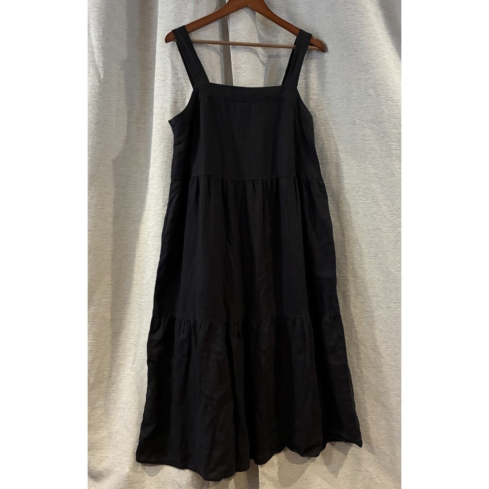 Eileen Fisher Black 100% Organic Linen Tiered Sleeveless Midi Dress M